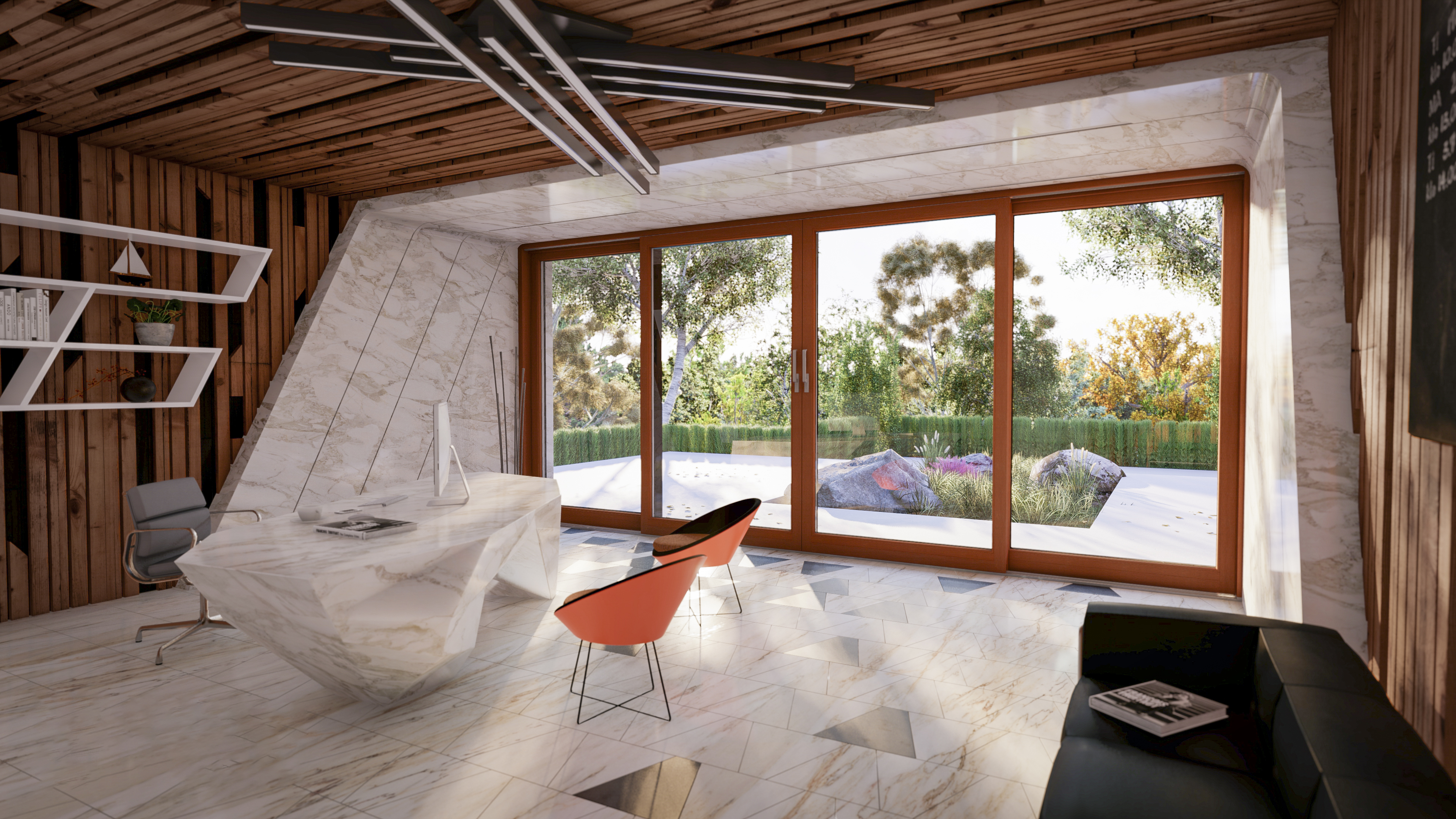 Duoline wood-aluminium window beside a garden terrace