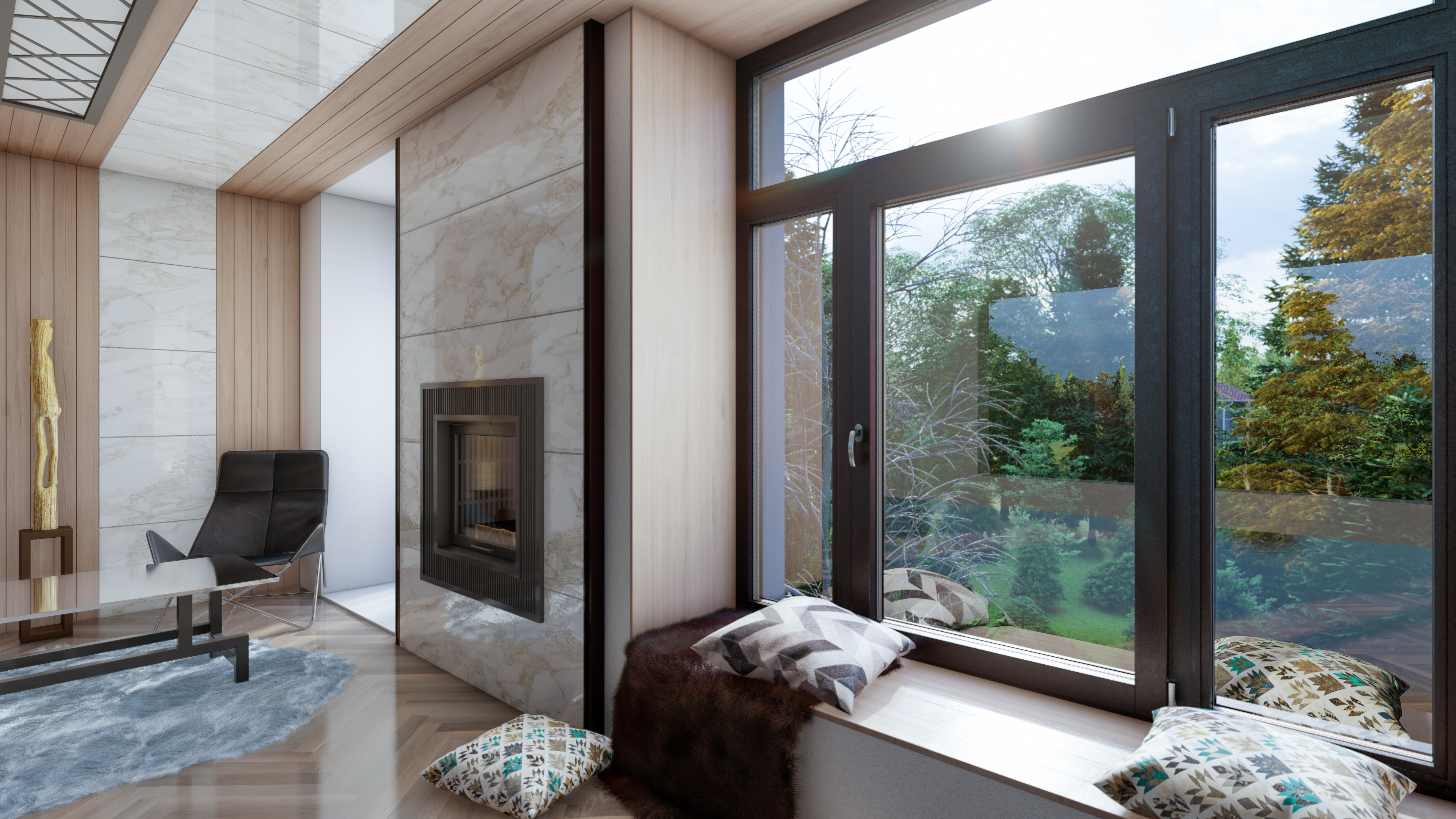 Duoline 78 wood-aluminium windows facing a wooded landscape
