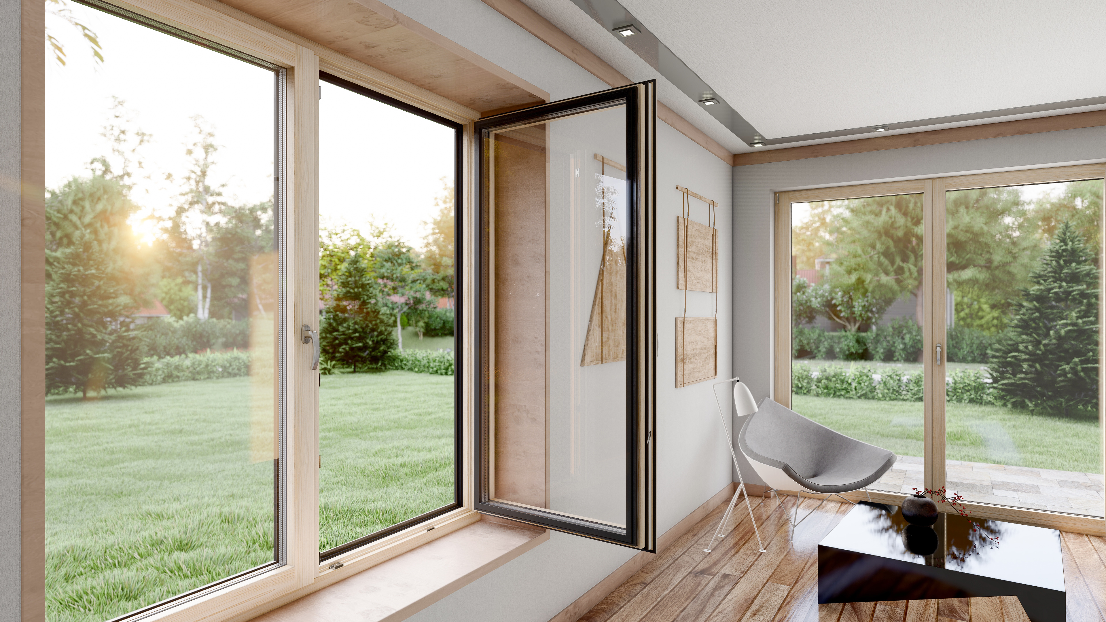 Duoline 88 wood-aluminium glazing opening to a terrace