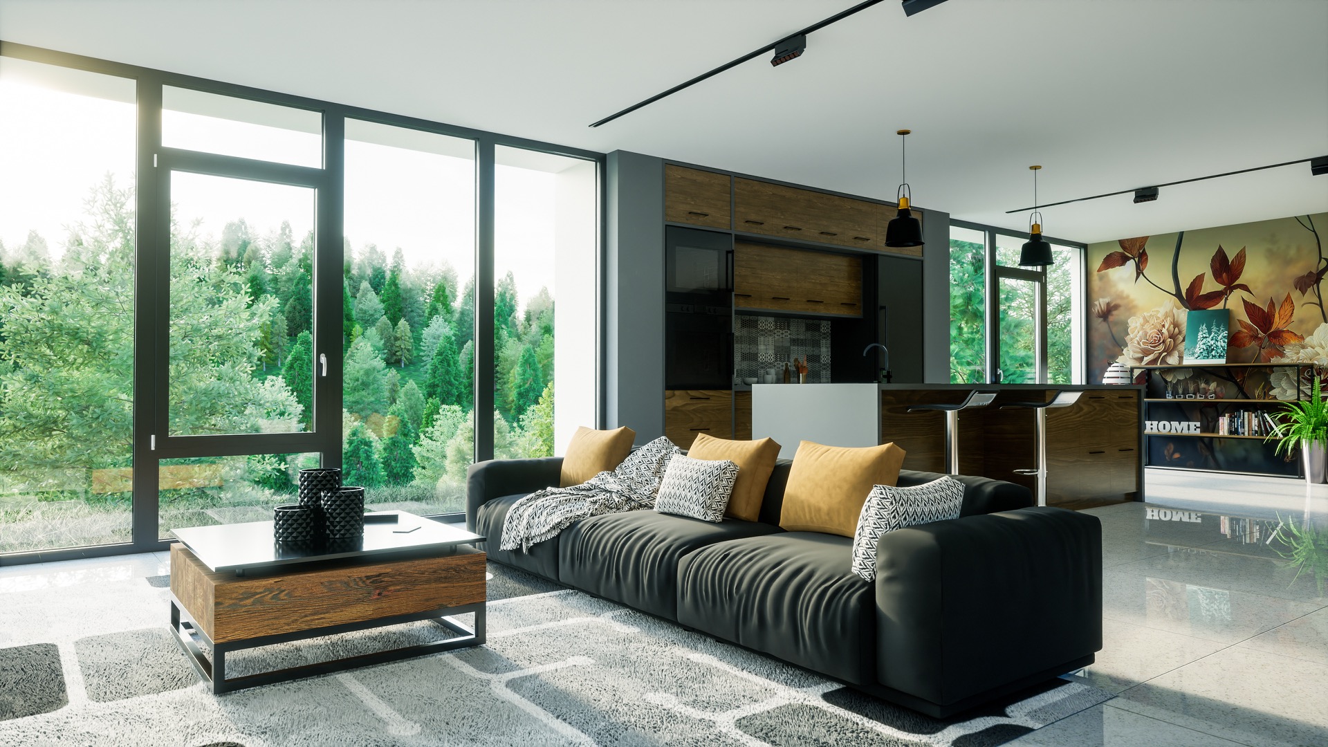 Dark aluminium windows bringing daylight into a modern living room