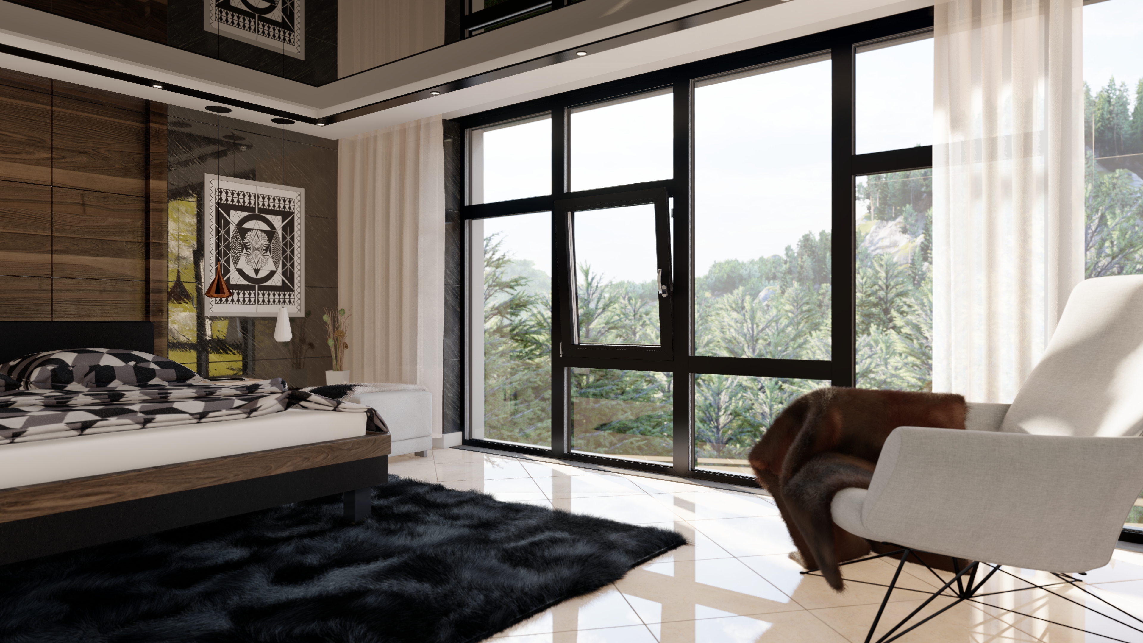 Slim aluminium-framed windows in a modern interior