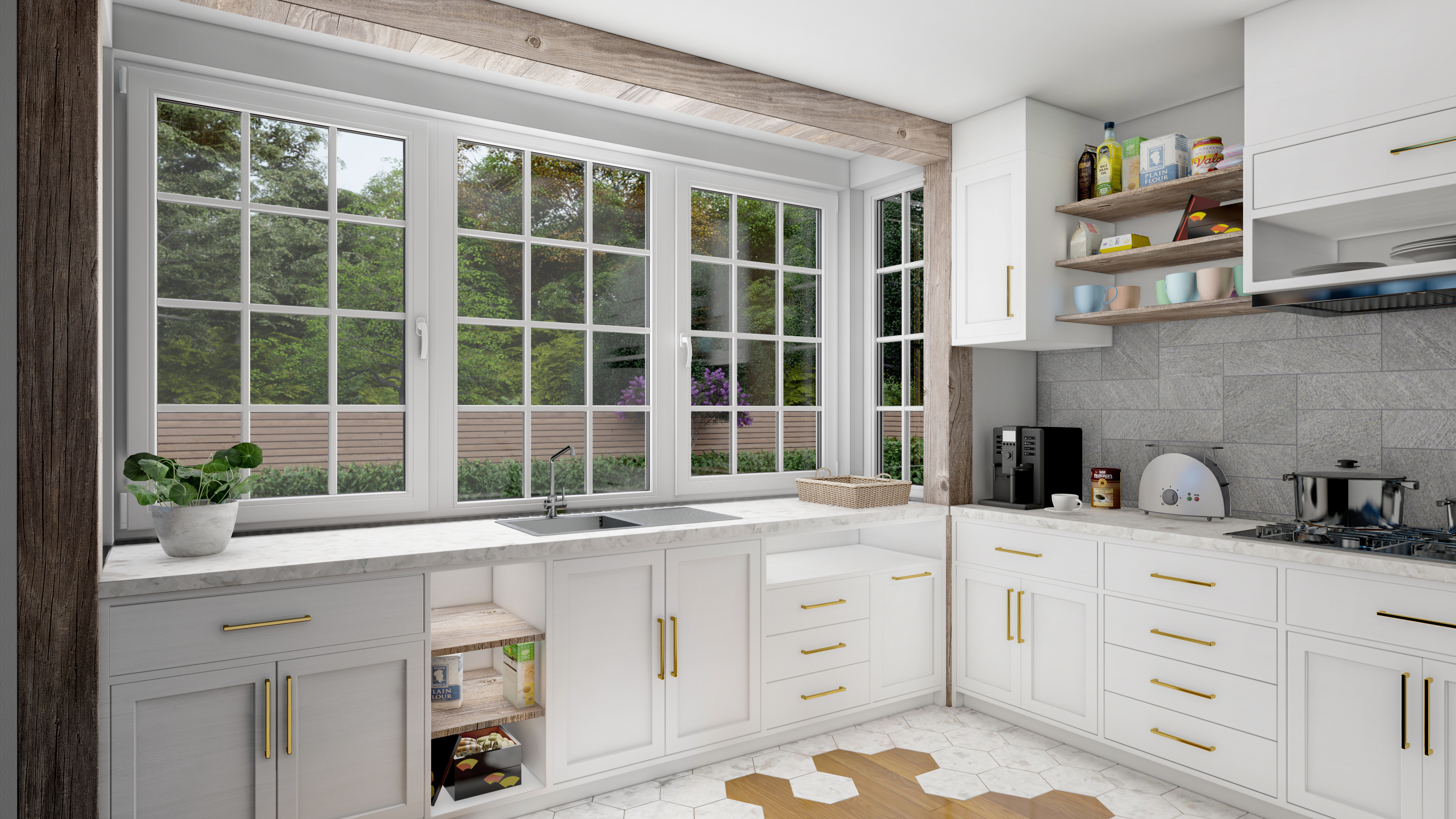 Softline 68 wooden windows in a bright kitchen